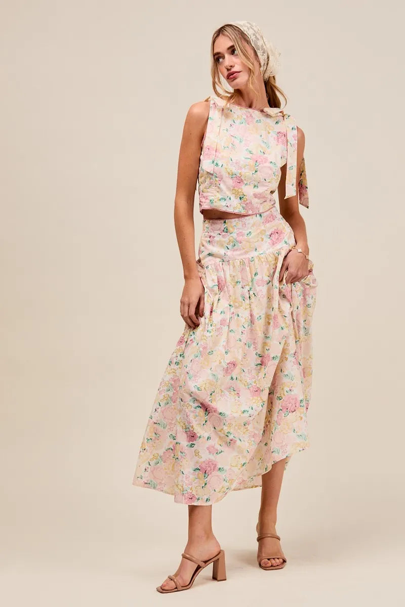 SO ME Floral Printed Woven Shoulder Bow Tie Top and Skirt Set OutfitFlow