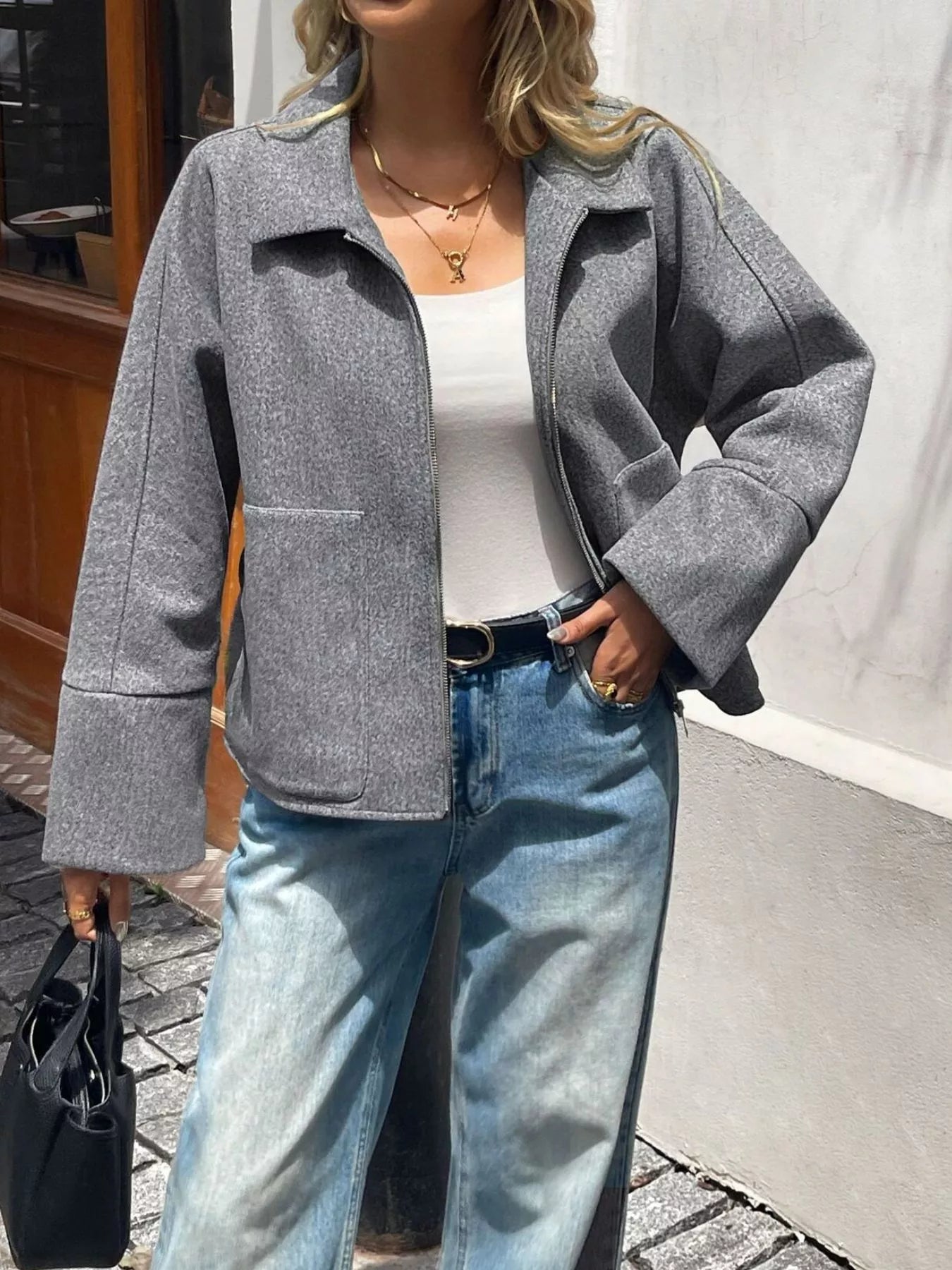 Oversized Collared Neck Zip-Up Jacket OutfitFlow