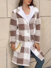Cozy Plaid Fleece Longline Winter Coat Khaki OutfitFlow