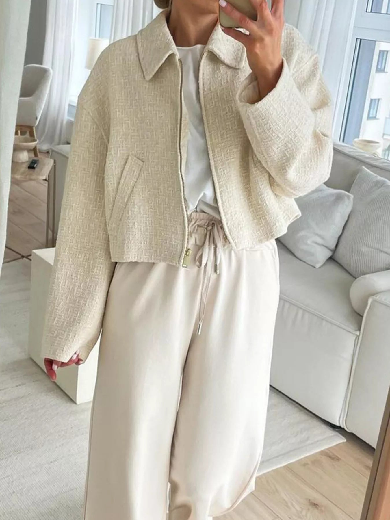 Zip Up Tweed Cropped Jacket OutfitFlow