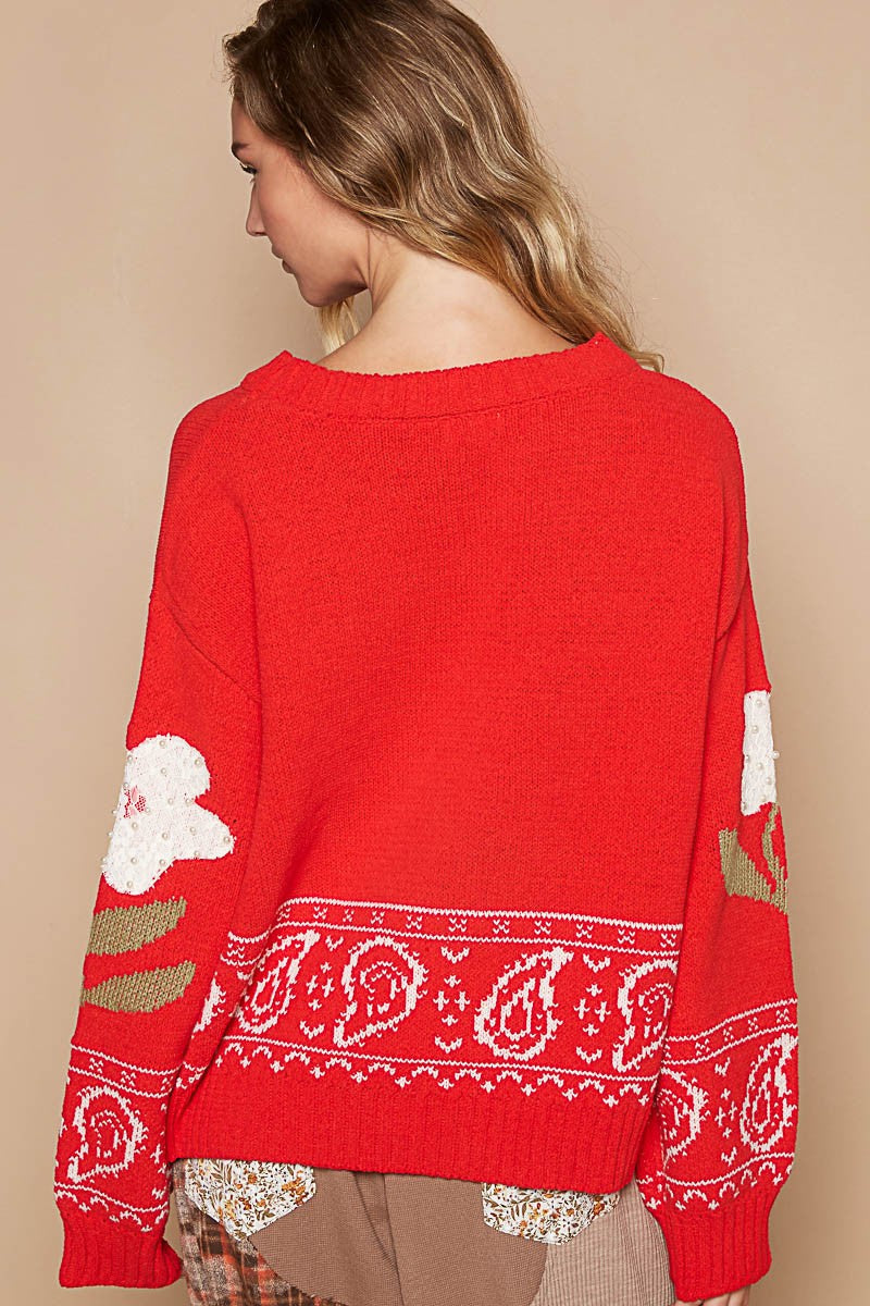 Outfit Flow - POL Flower Lace Patch Long Sleeve Sweater