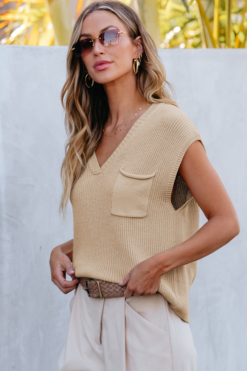 Outfit Flow - Pocketed V-Neck Cap Sleeve Sweater