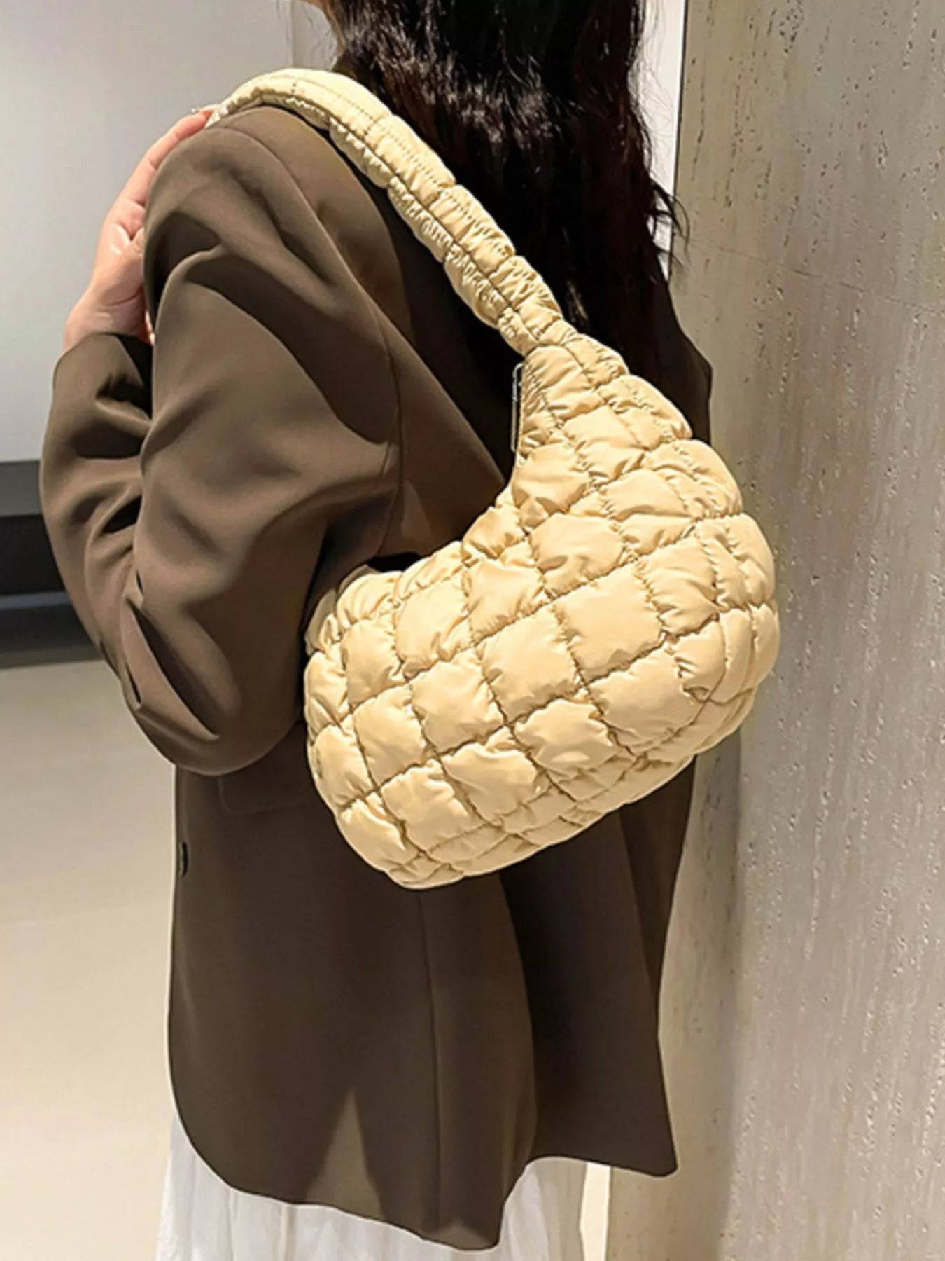 Quilted Ruched Shoulder Bag OutfitFlow