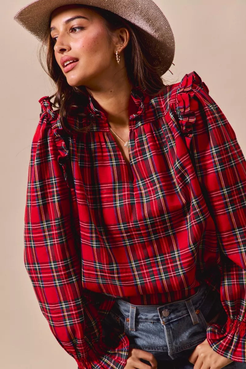 SO ME Christmas Checkered Plaid Smocked Blouse OutfitFlow