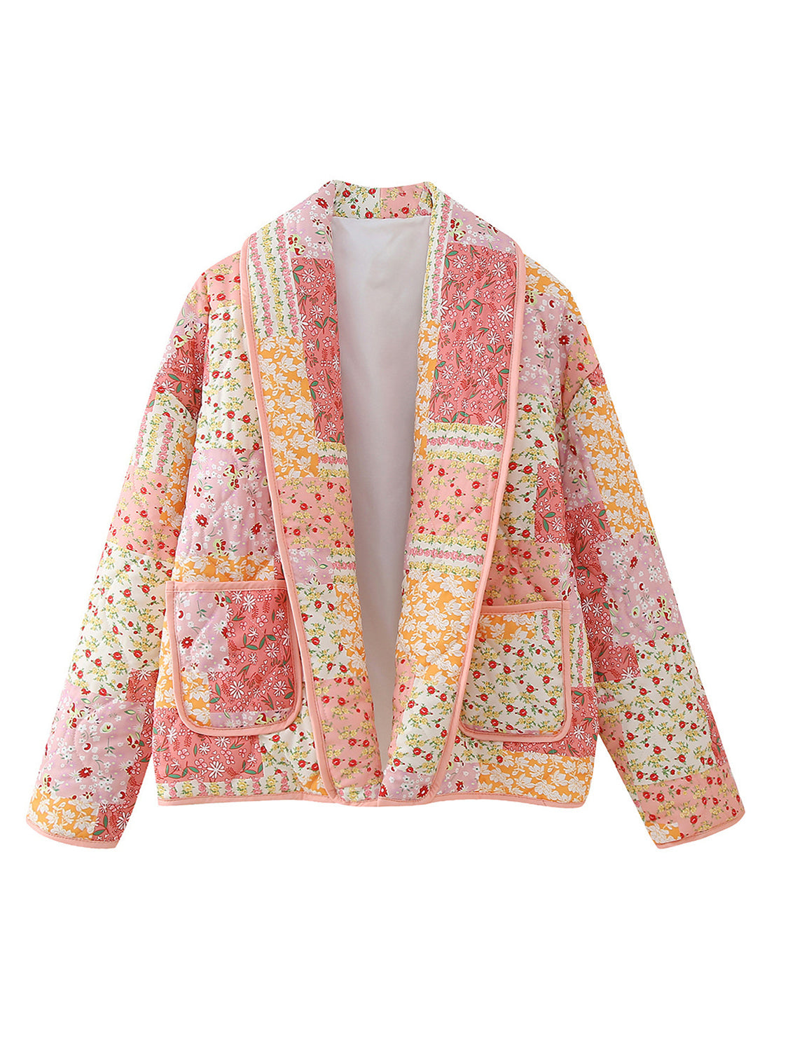 Outfit Flow - Printed Patchwork Open Front Cardigan with Pockets