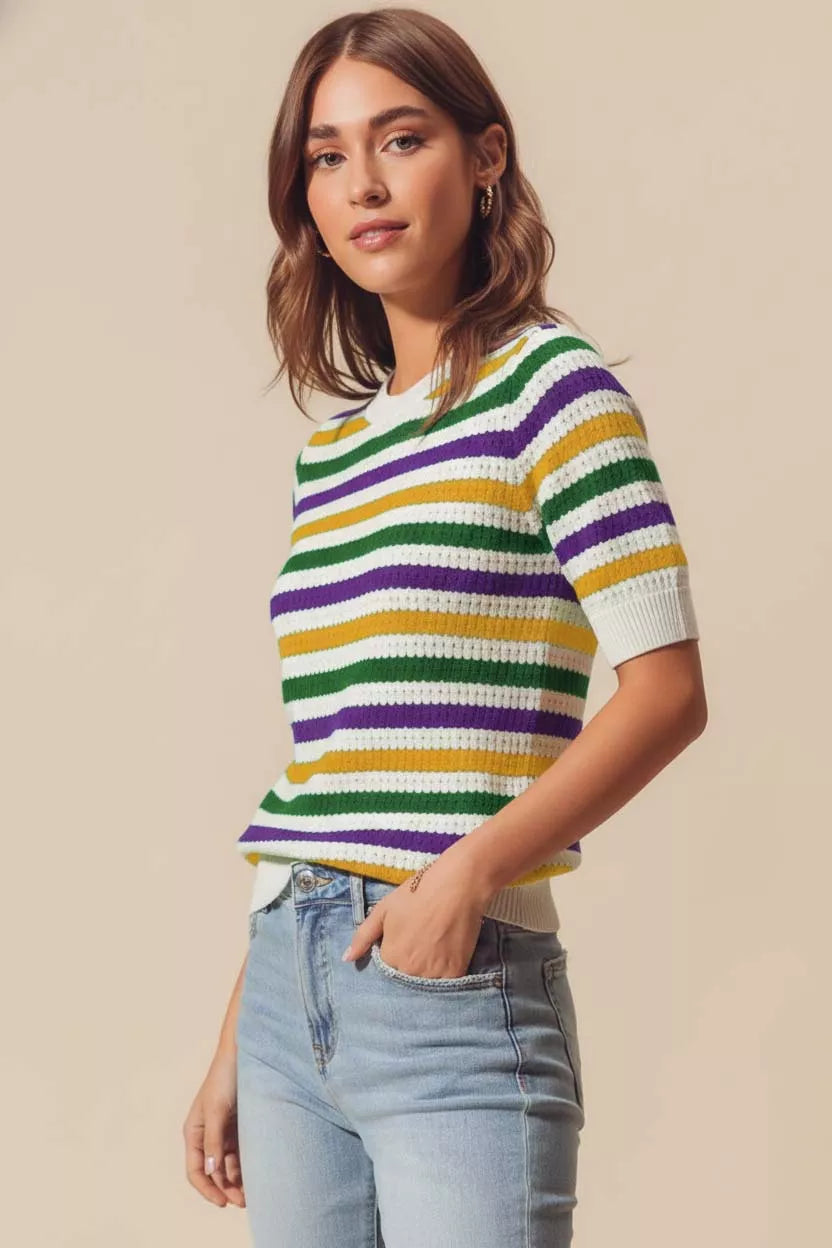 SO ME Mardi Gras Crew Neck Stripe Breathable Sweater Trendsi