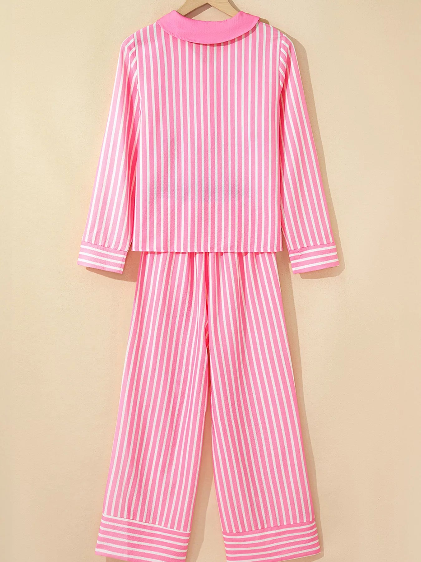 Stripe Buttoned Front Long Sleeve Top and Pants 2 Piece Sleepwear OutfitFlow