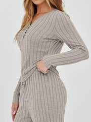 Ribbed Knit Long Sleeve Top and Pants Set OutfitFlow
