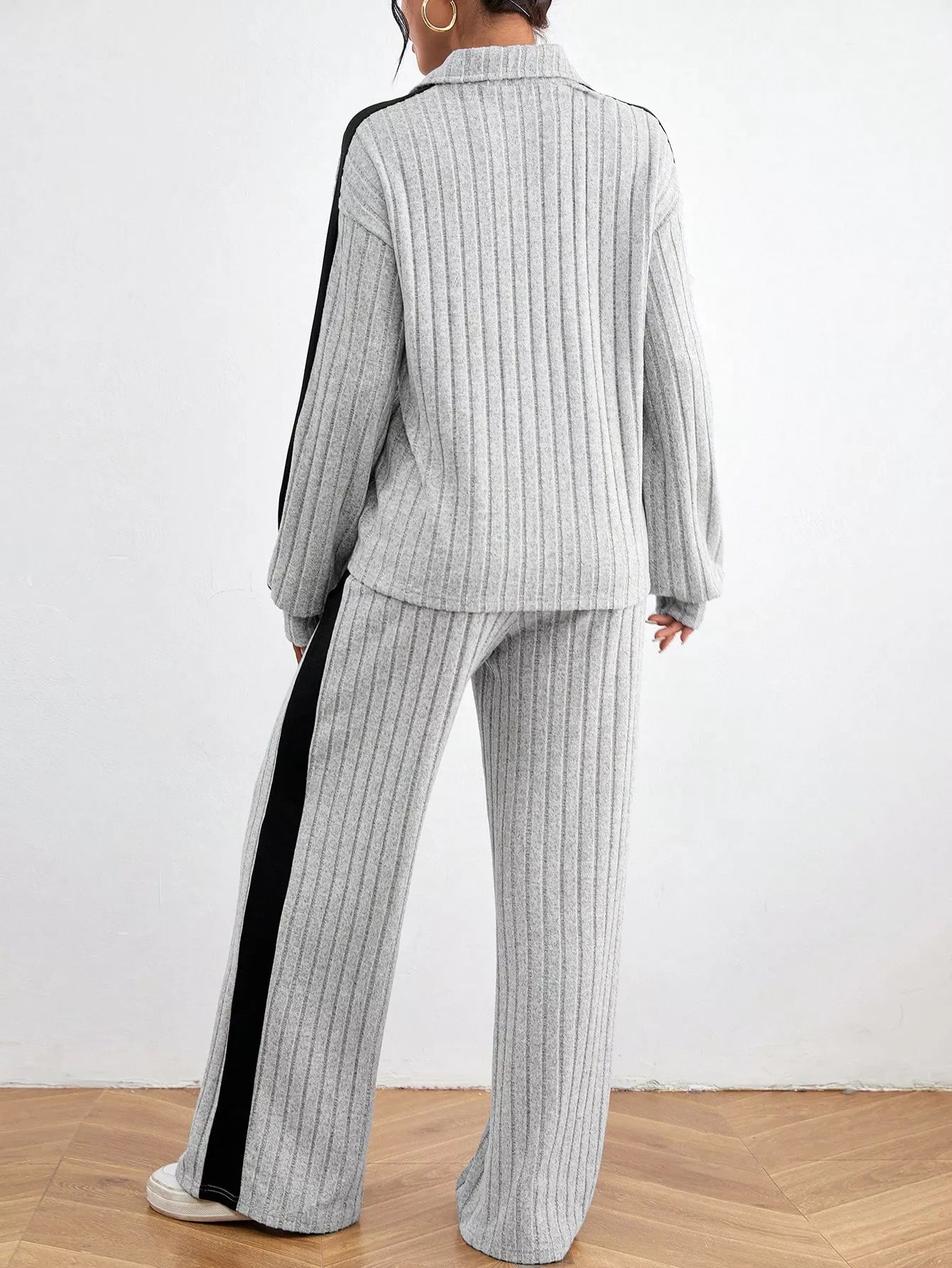 Ribbed Contrast Dropped Shoulder Top and Pants Set OutfitFlow