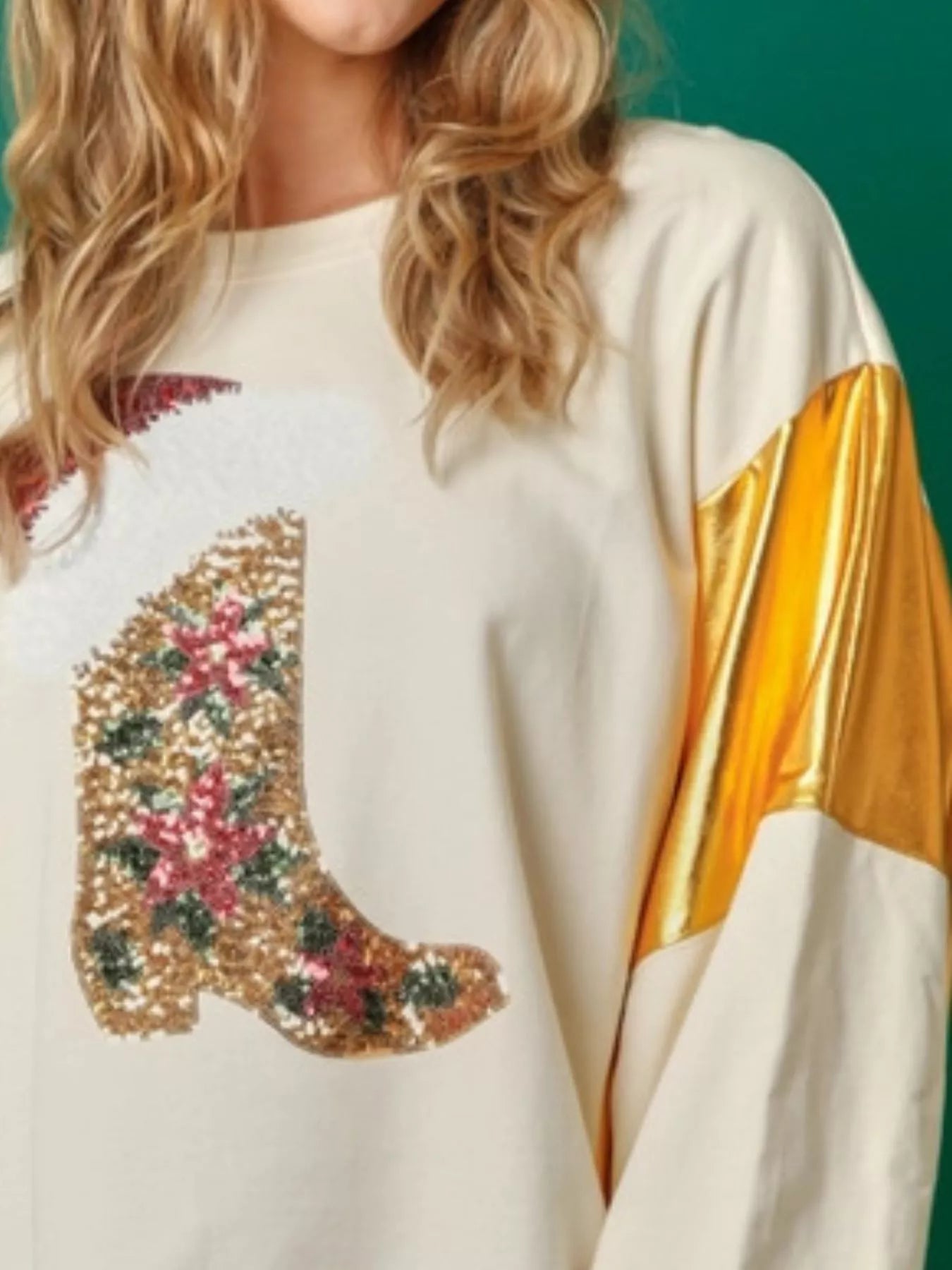 Christmas Sequin Boot Long Sleeve Sweatshirt OutfitFlow
