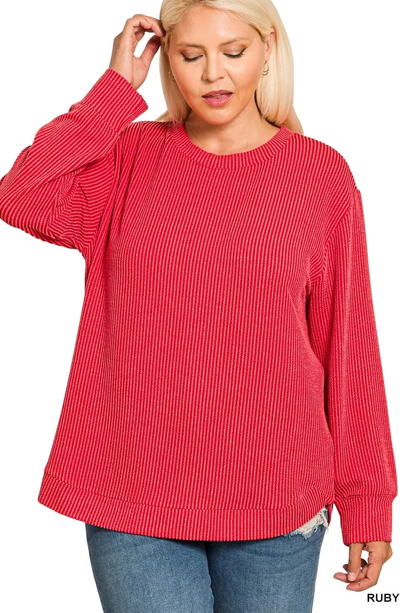 Zenana Full Size Raised Rib Round Neck Long Sleeve Top Plus Size OutfitFlow