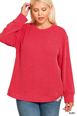 Zenana Full Size Raised Rib Round Neck Long Sleeve Top Plus Size OutfitFlow