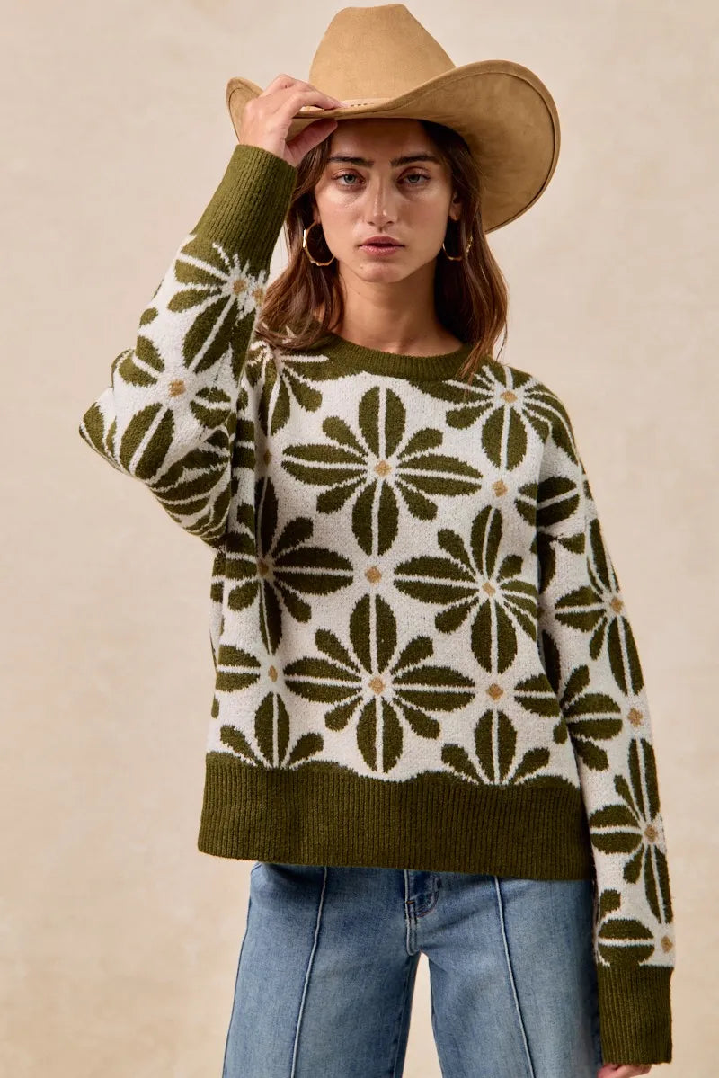 BiBi Flower Pattern Long Sleeve Sweater OutfitFlow