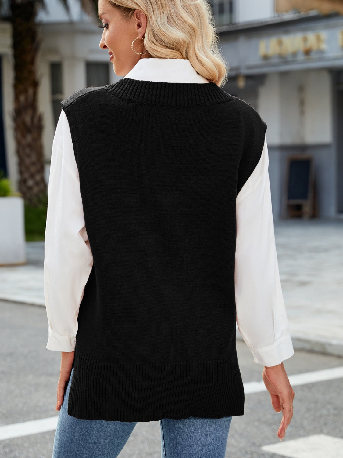 Outfit Flow - Side Slit V-Neck Sweater Vest