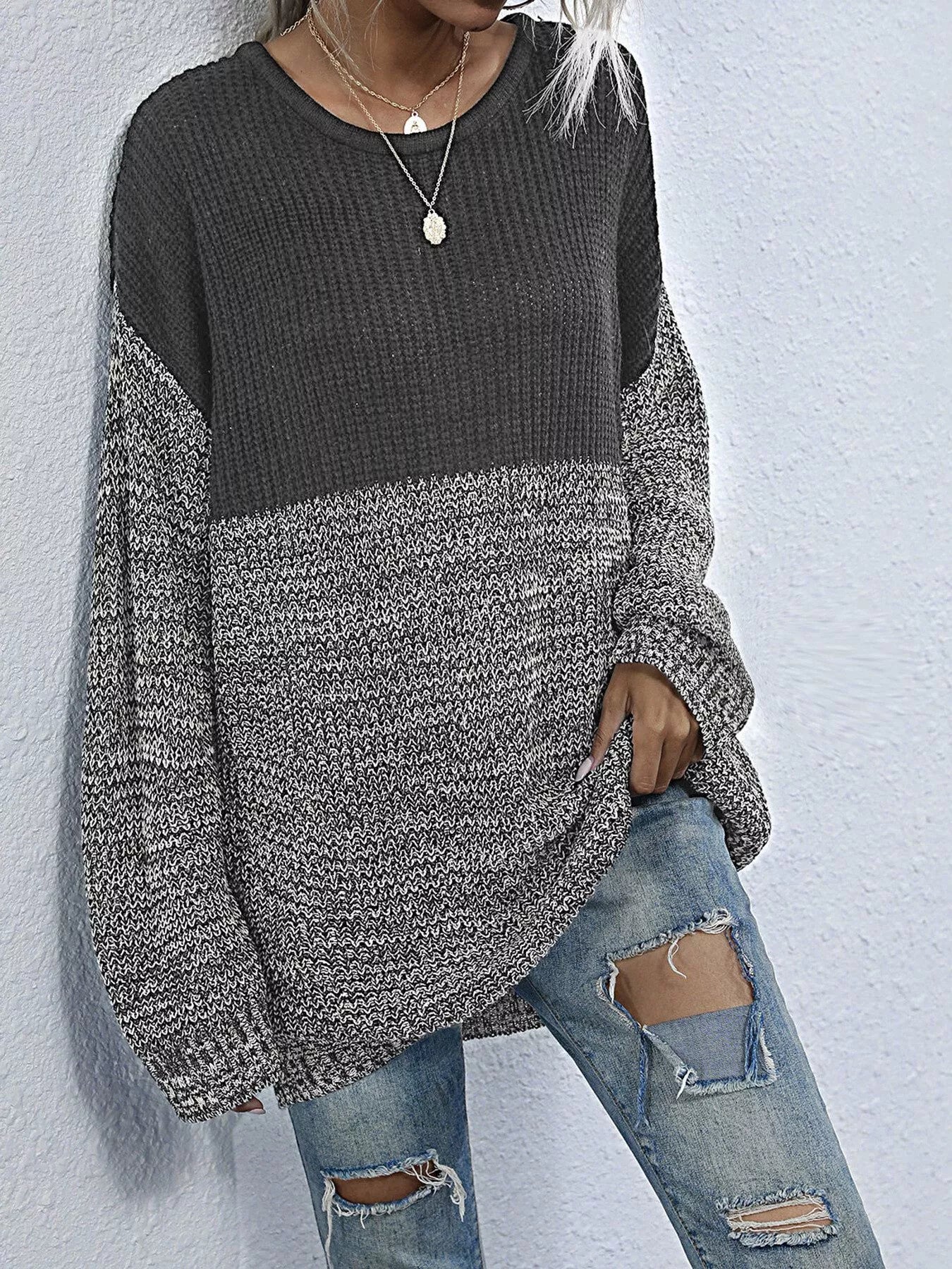 Color Block Long Sleeve Oversized Sweater Dark Gray OutfitFlow
