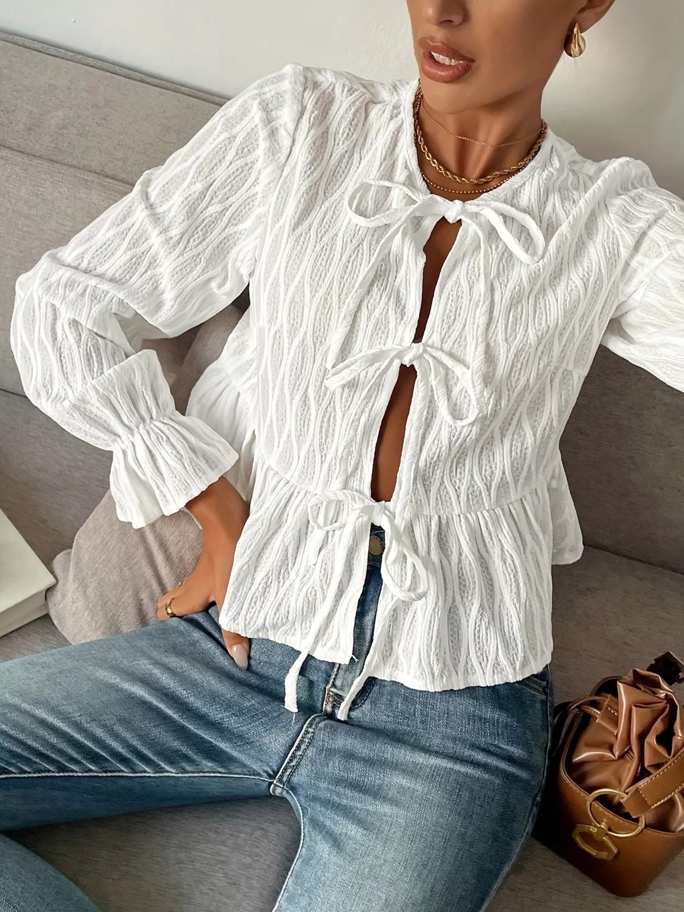 Tie Front Flounce Sleeve Blouse OutfitFlow