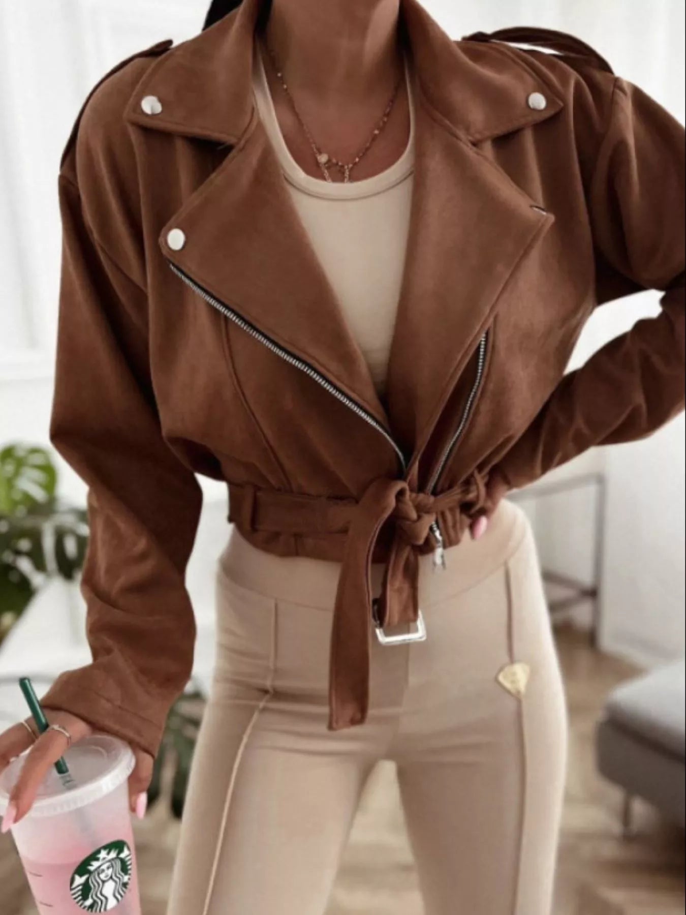 Zip Up Cropped Jacket Khaki OutfitFlow