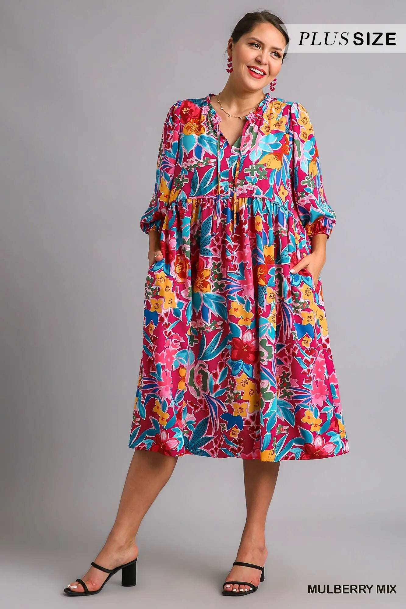 Umgee Full Size Floral Print Tie Neck Midi Dress with Pockets Plus Size Trendsi