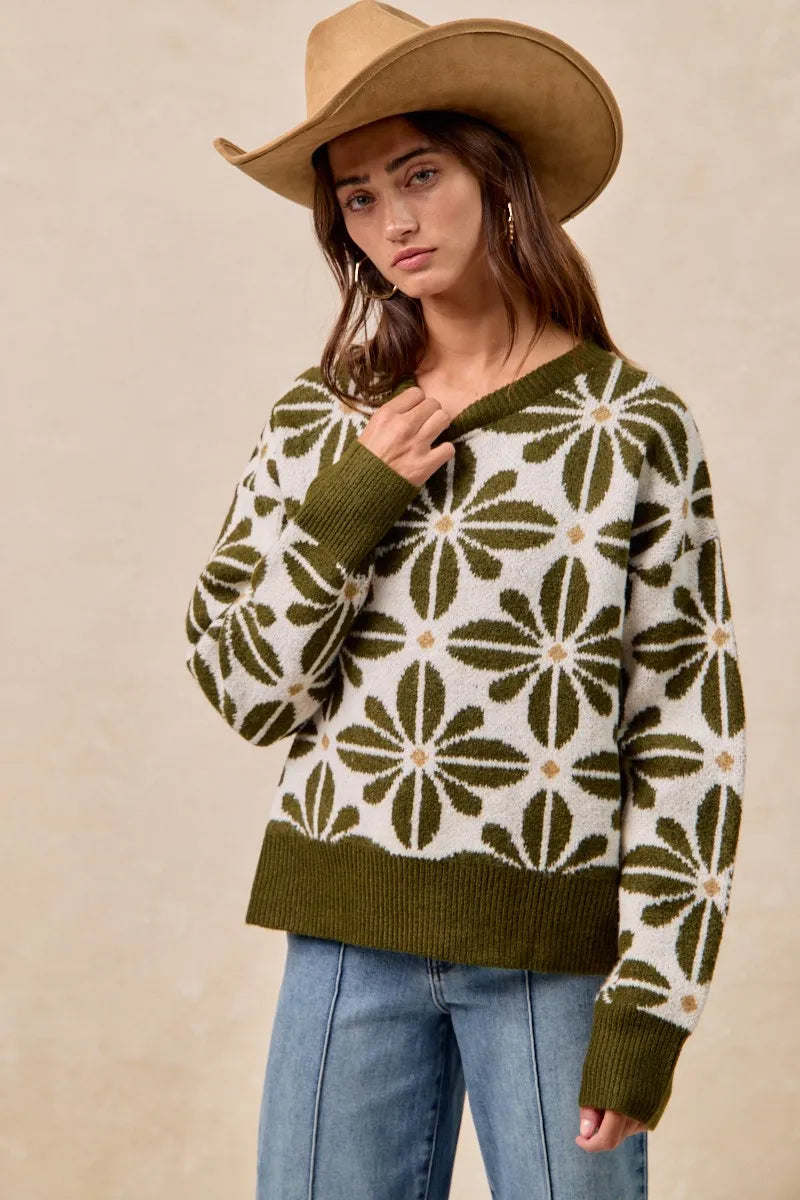 BiBi Flower Pattern Long Sleeve Sweater OutfitFlow
