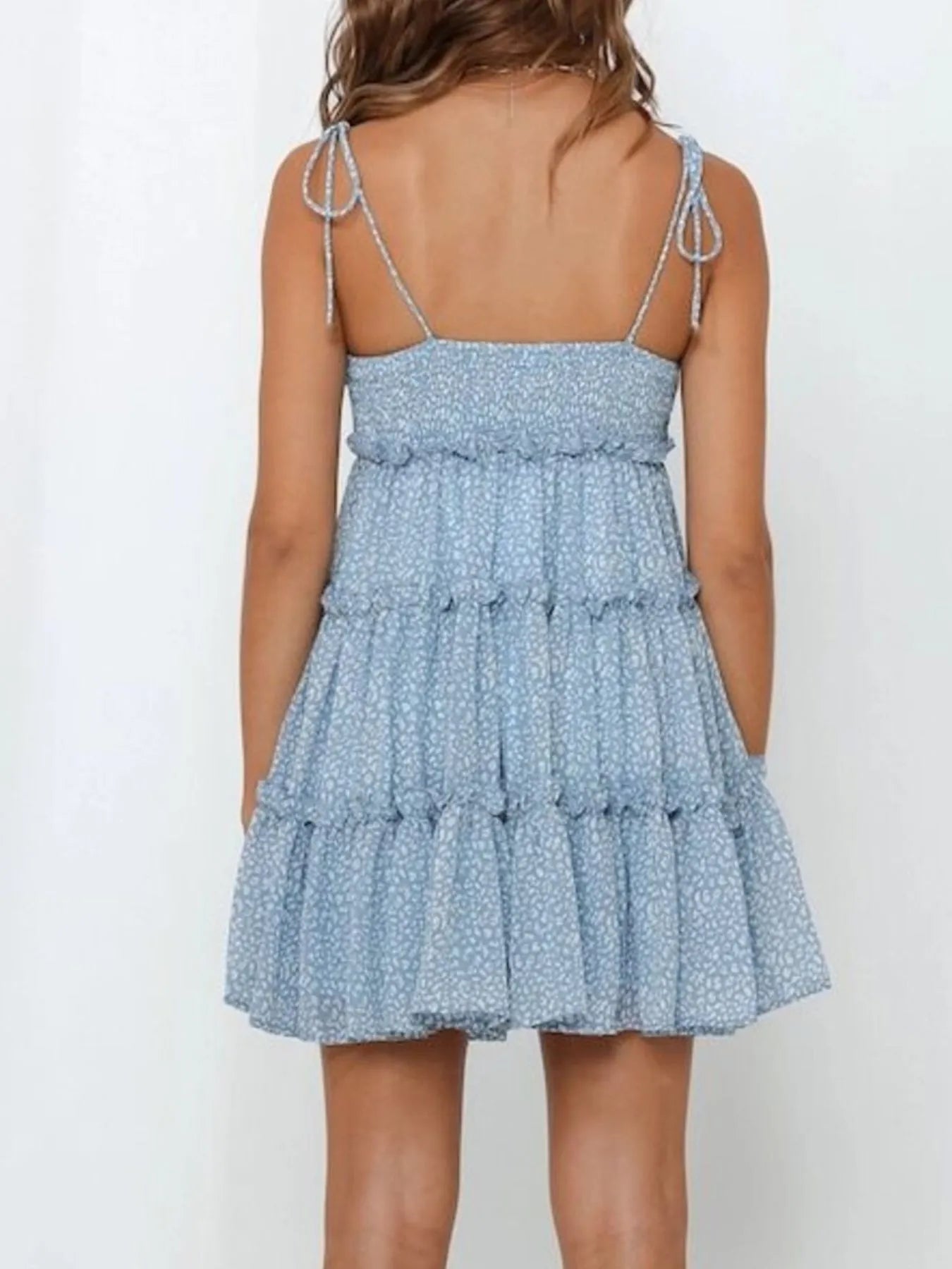 Printed Tie-Strap Tiered Mini Dress OutfitFlow