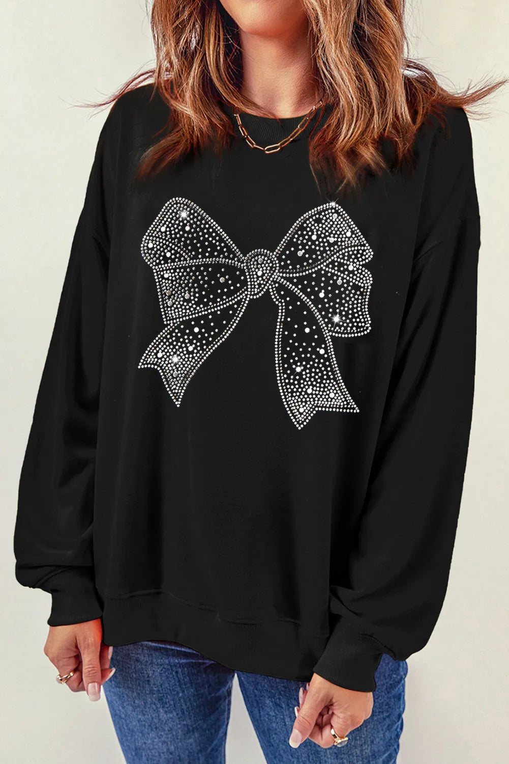 Outfit Flow - Rhinestone Bow Round Neck Long Sleeve Sweatshirt