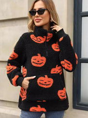 Outfit Flow - Jack-O'-Lantern Half Zip Long Sleeve Sweatshirt