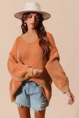 SO ME Oversized Two Tone Textured V Neck Sweater OutfitFlow