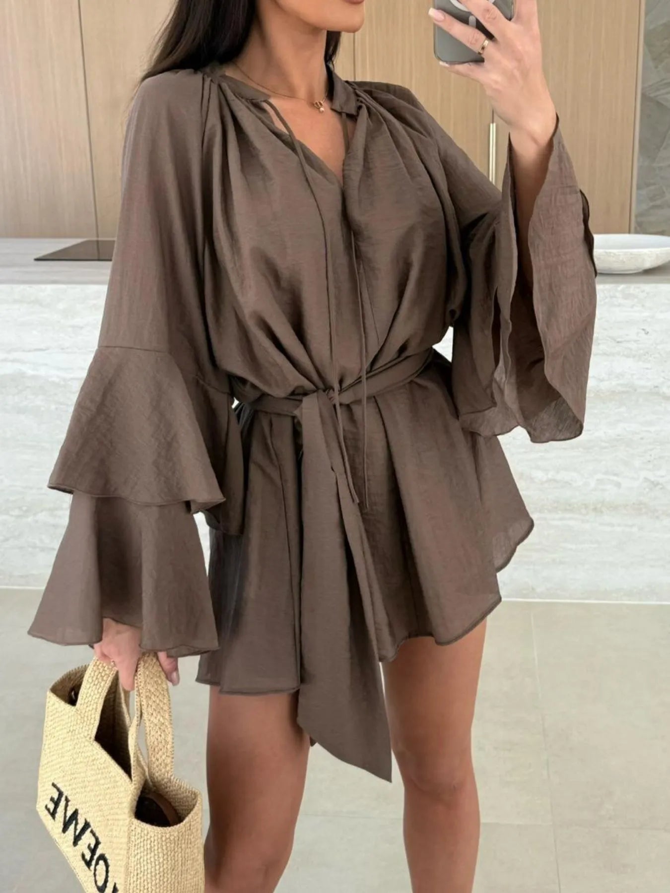 Bell Sleeve Tie Waist Mini Shirt Dress OutfitFlow