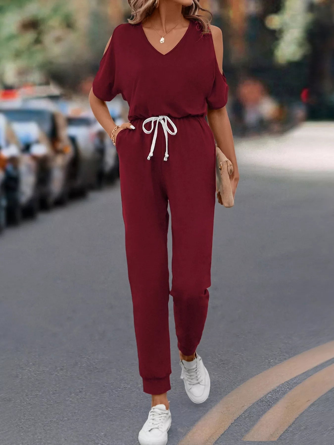 Cold Shoulder V-Neck Drawstring Waist Jumpsuit Burgundy Trendsi