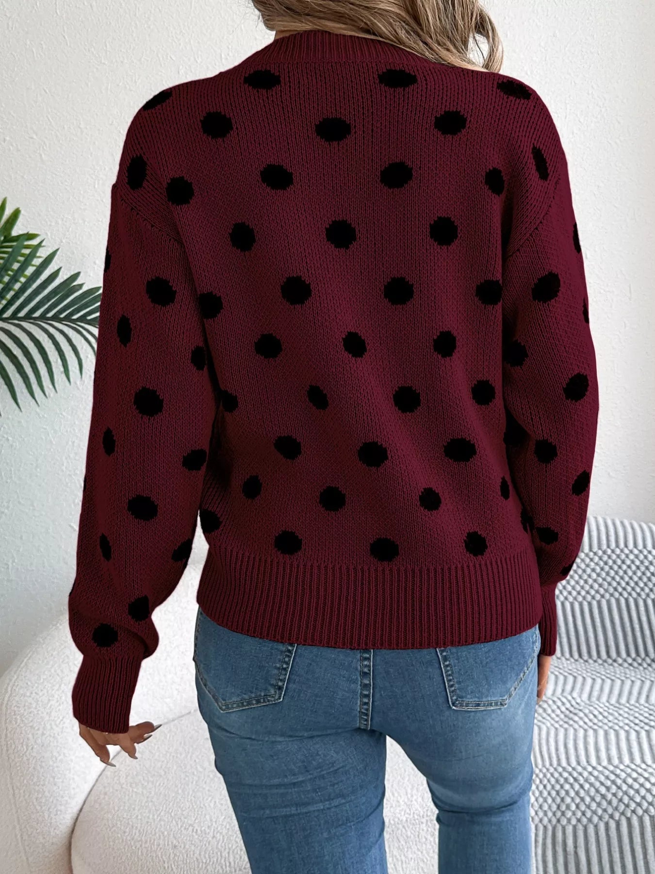 Polka Dot Round Neck Sweater OutfitFlow