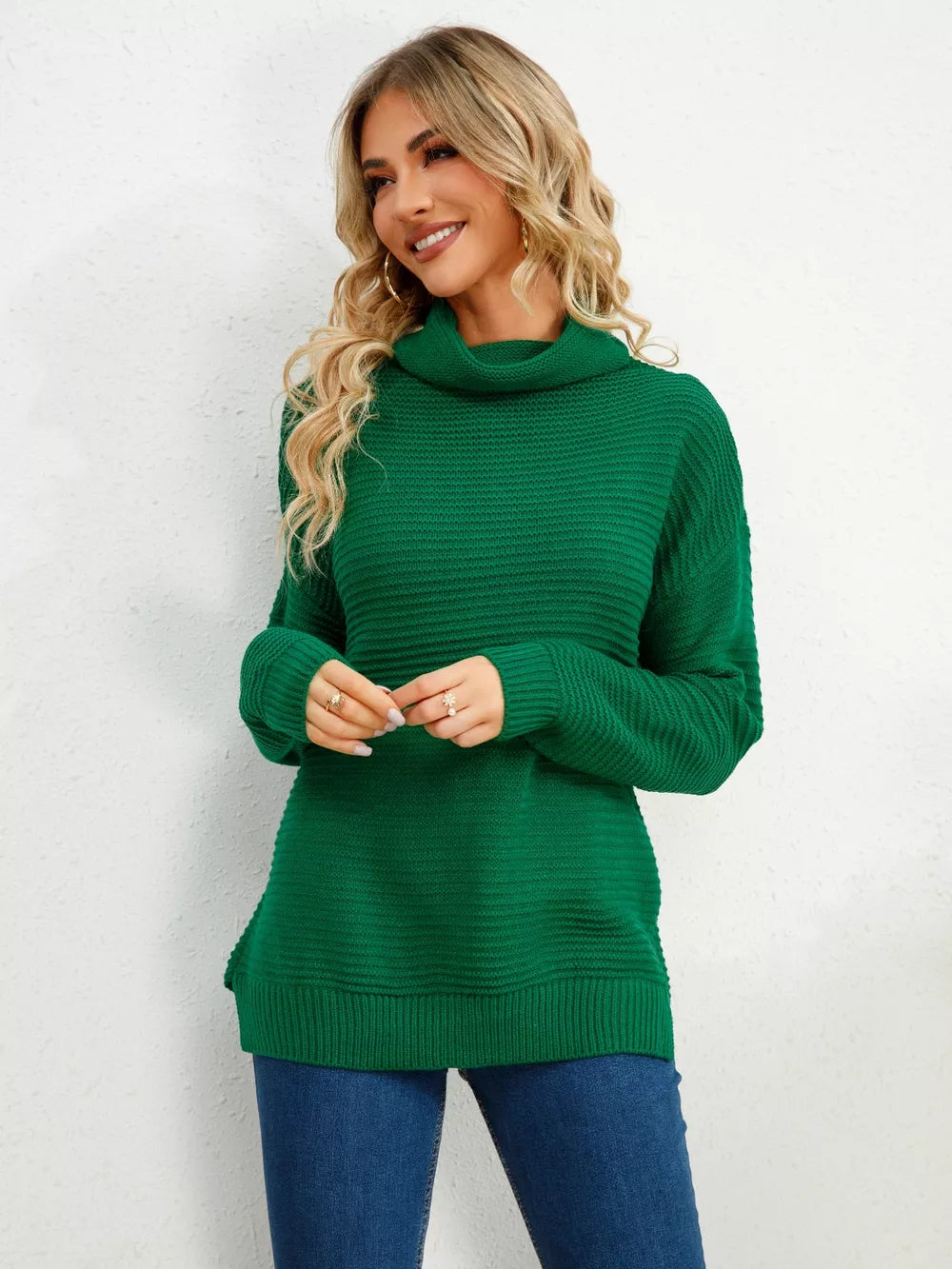Slit Turtleneck Dropped Shoulder Sweater Trendsi