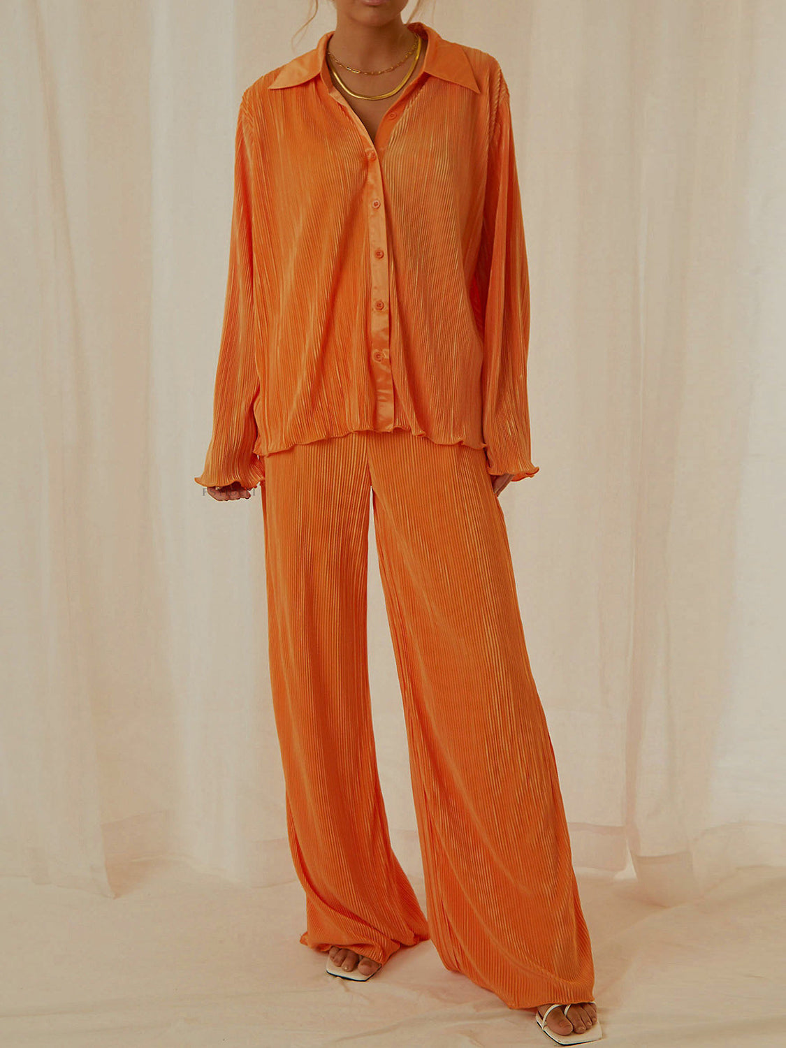 Collared Neck Long Sleeve Top and Pants Lounge Set