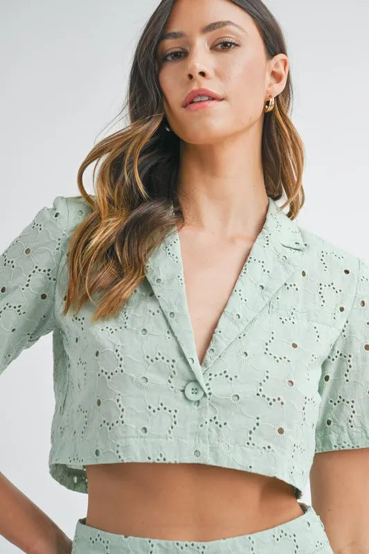 MABLE Eyelet Short Sleeve Crop Top and Shorts Set OutfitFlow