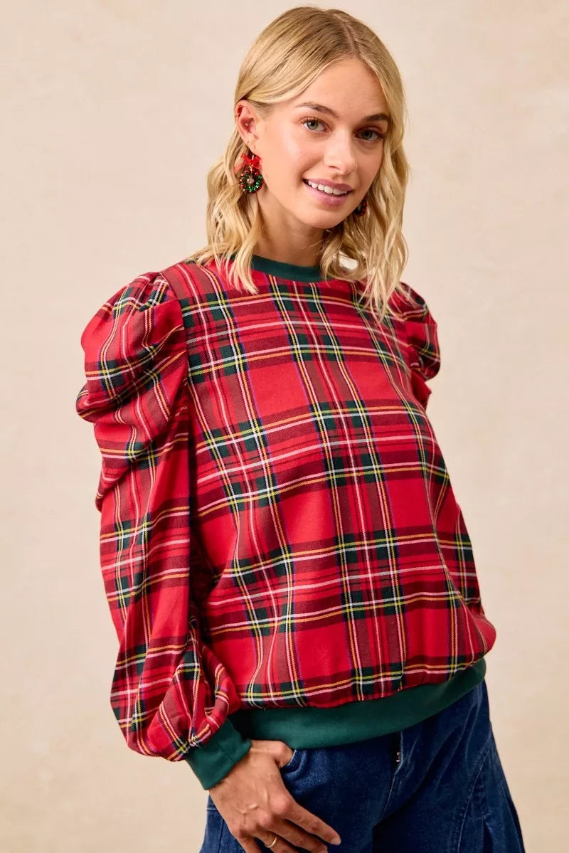 BiBi Christmas Plaid Exaggerated Shoulder Sleeves Top OutfitFlow