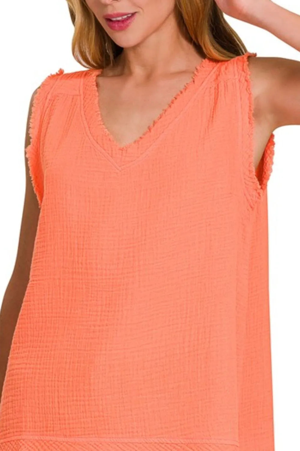 Zenana Double Gauze Raw Edge V-Neck Tank OutfitFlow