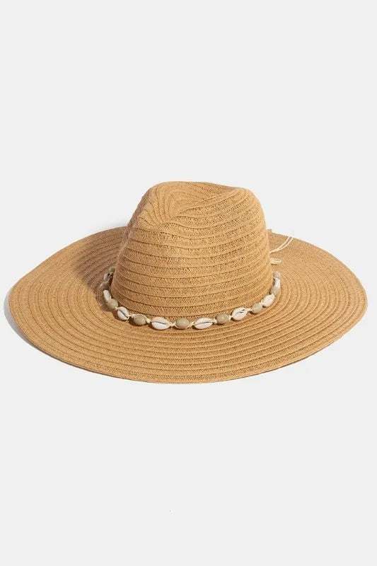 Fame Shell Beaded Wide Brim Straw Hat Khaki One Size OutfitFlow