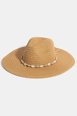 Fame Shell Beaded Wide Brim Straw Hat Khaki One Size OutfitFlow