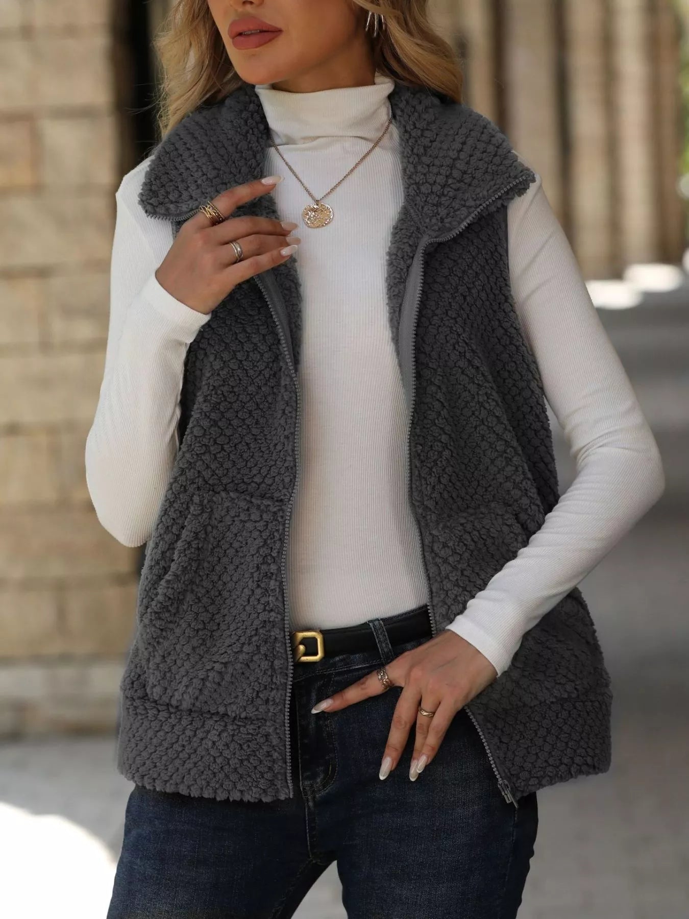 Zip-Up Vest Coat Dark Gray Trendsi