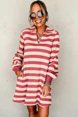 Outfit Flow - Contrast Striped Johnny Collar Long Sleeve Mini Dress