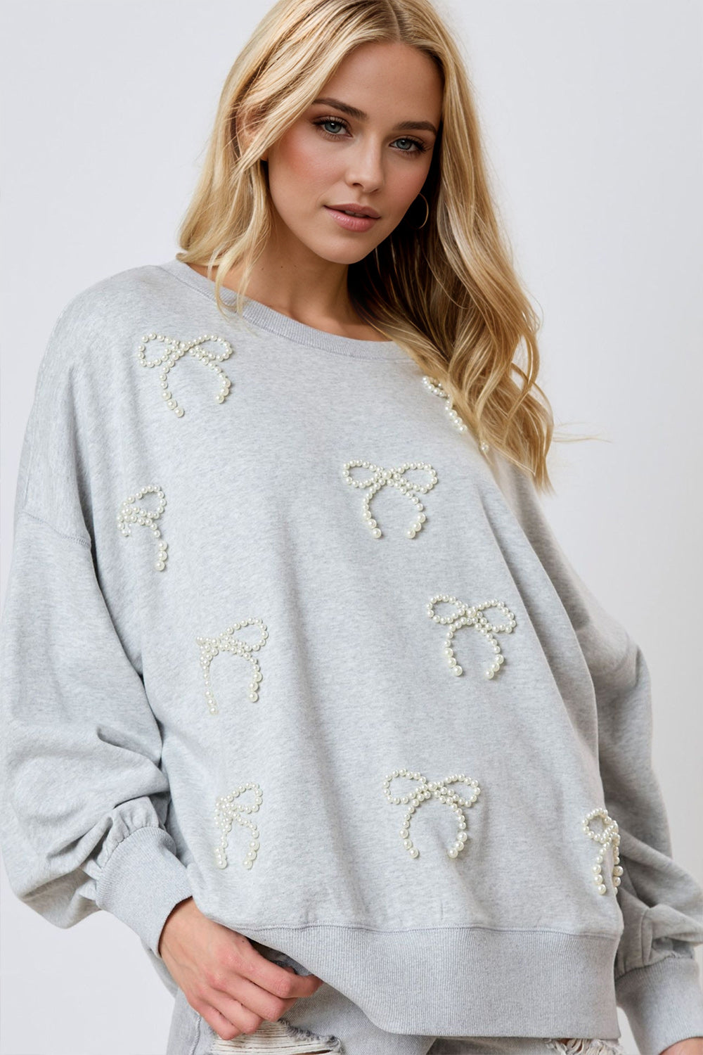 Outfit Flow - Pearl Bow Round Neck Dropped Shoulder Sweatshirt