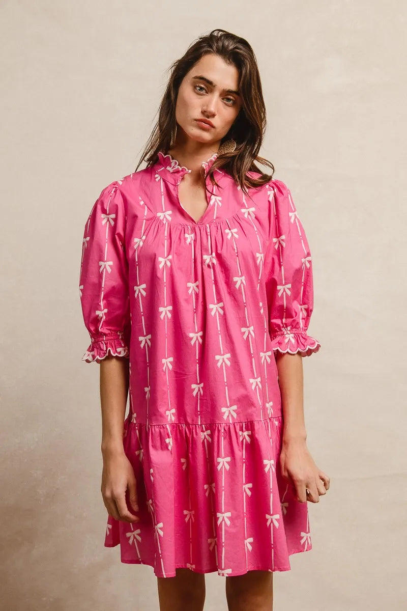 BiBi Ribbon Patterns With Scallops Edge Details Short Sleeve Dress OutfitFlow