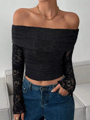 Lace Off-Shoulder Long Sleeve Top Black OutfitFlow