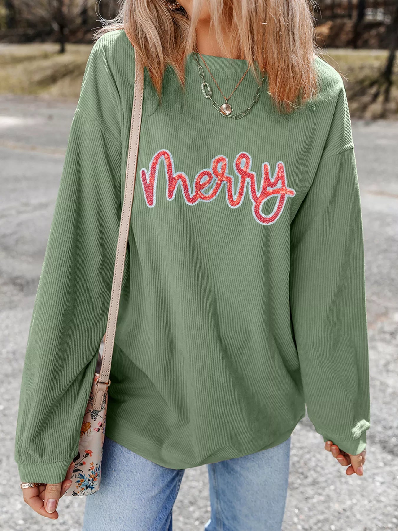 Merry Letter Christmas Sequined Twisted Ribbed Sweatshirt OutfitFlow