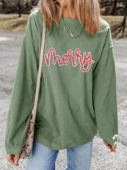 Merry Letter Christmas Sequined Twisted Ribbed Sweatshirt OutfitFlow