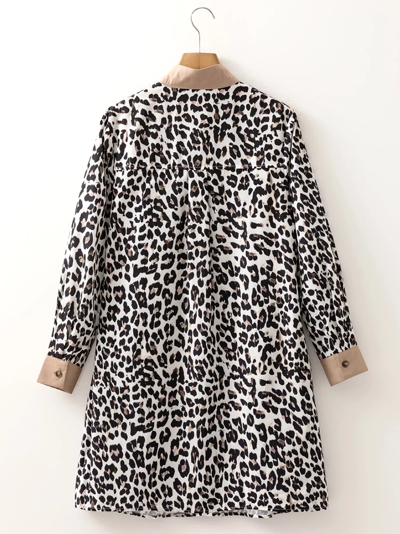 Striped Collar Leopard Print Long Sleeve Flared Dress OutfitFlow