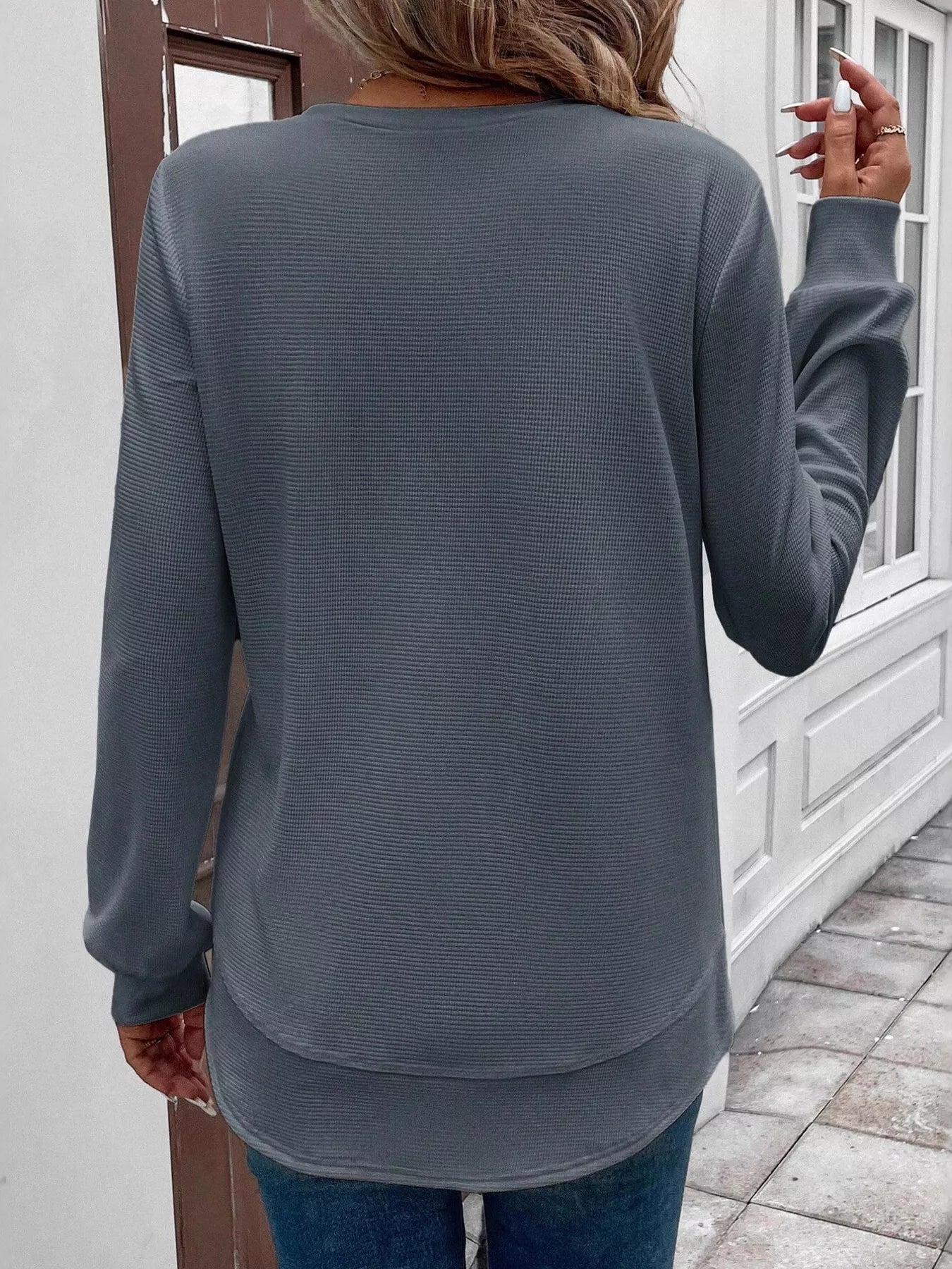 Casual Texture Knit Long Sleeve T-Shirt Trendsi