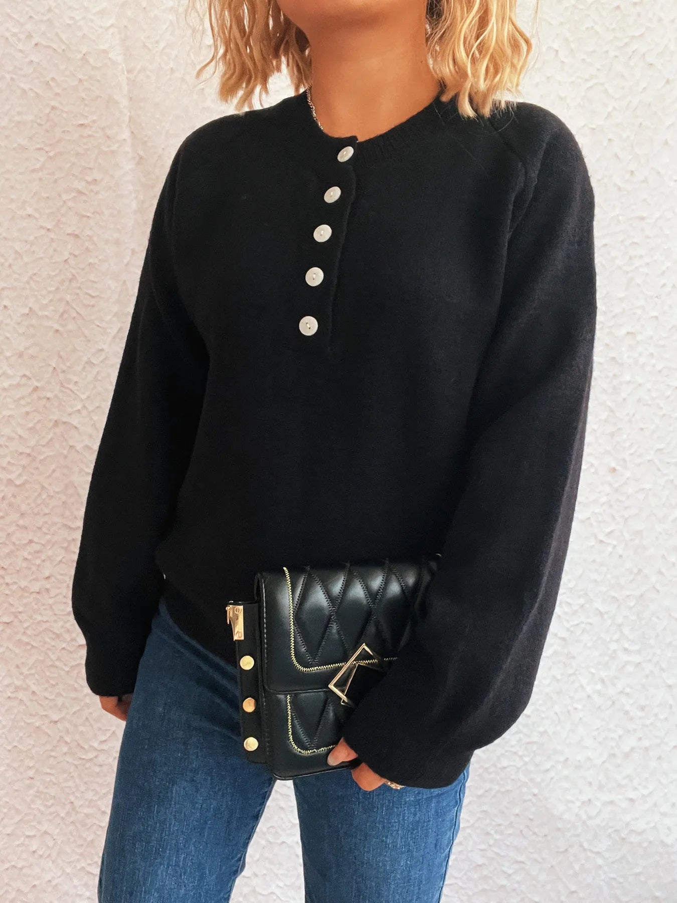 Button-Front Long Sleeve Sweater OutfitFlow