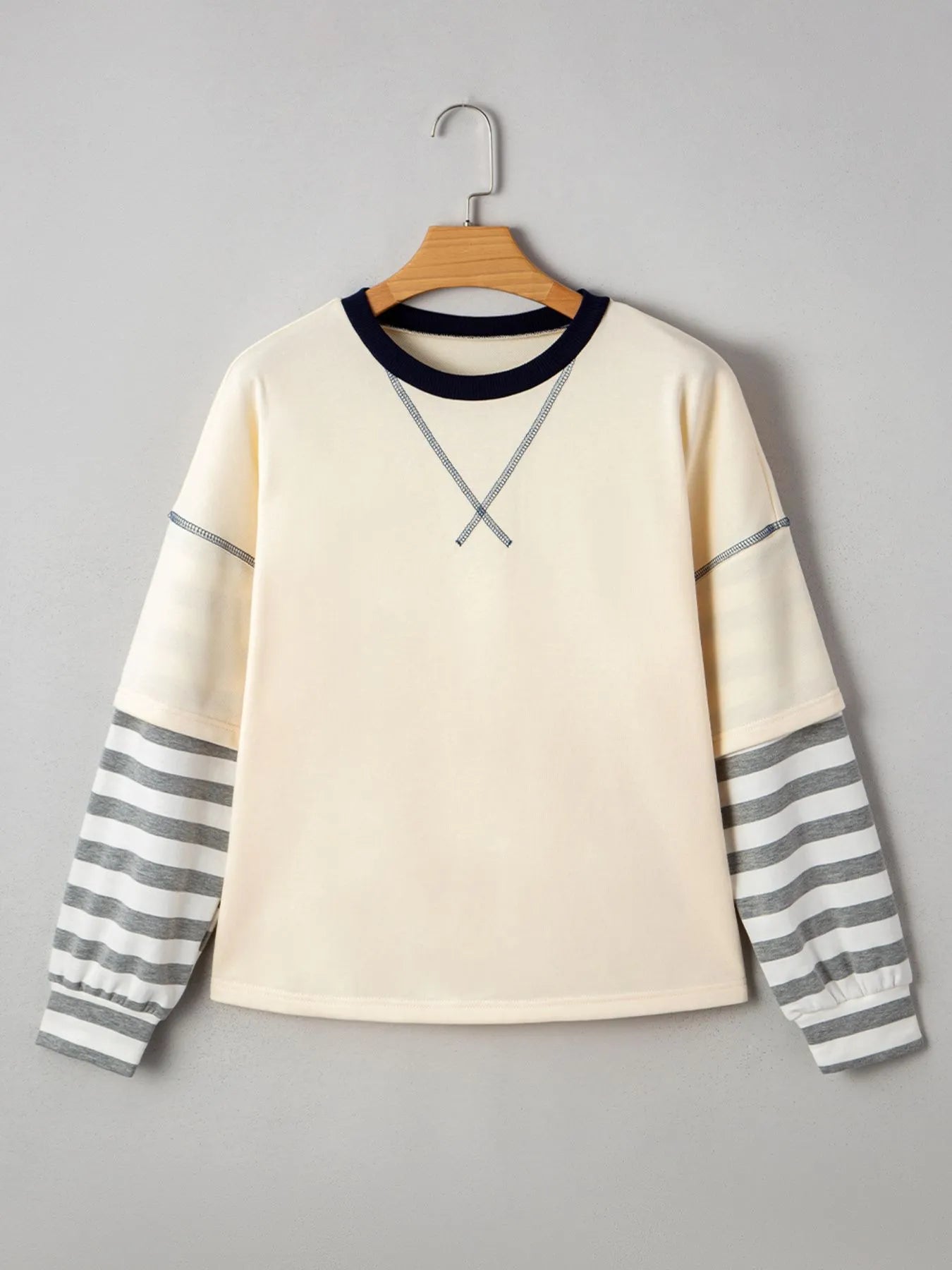 Striped Patchwork Long Sleeve Round Neck Two-in-one Top OutfitFlow