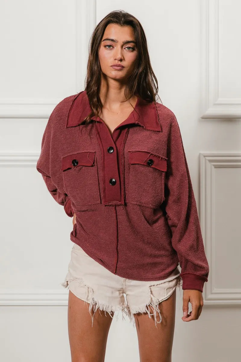 BiBi Cp French Terry Cut Edge Detail Collared Top OutfitFlow
