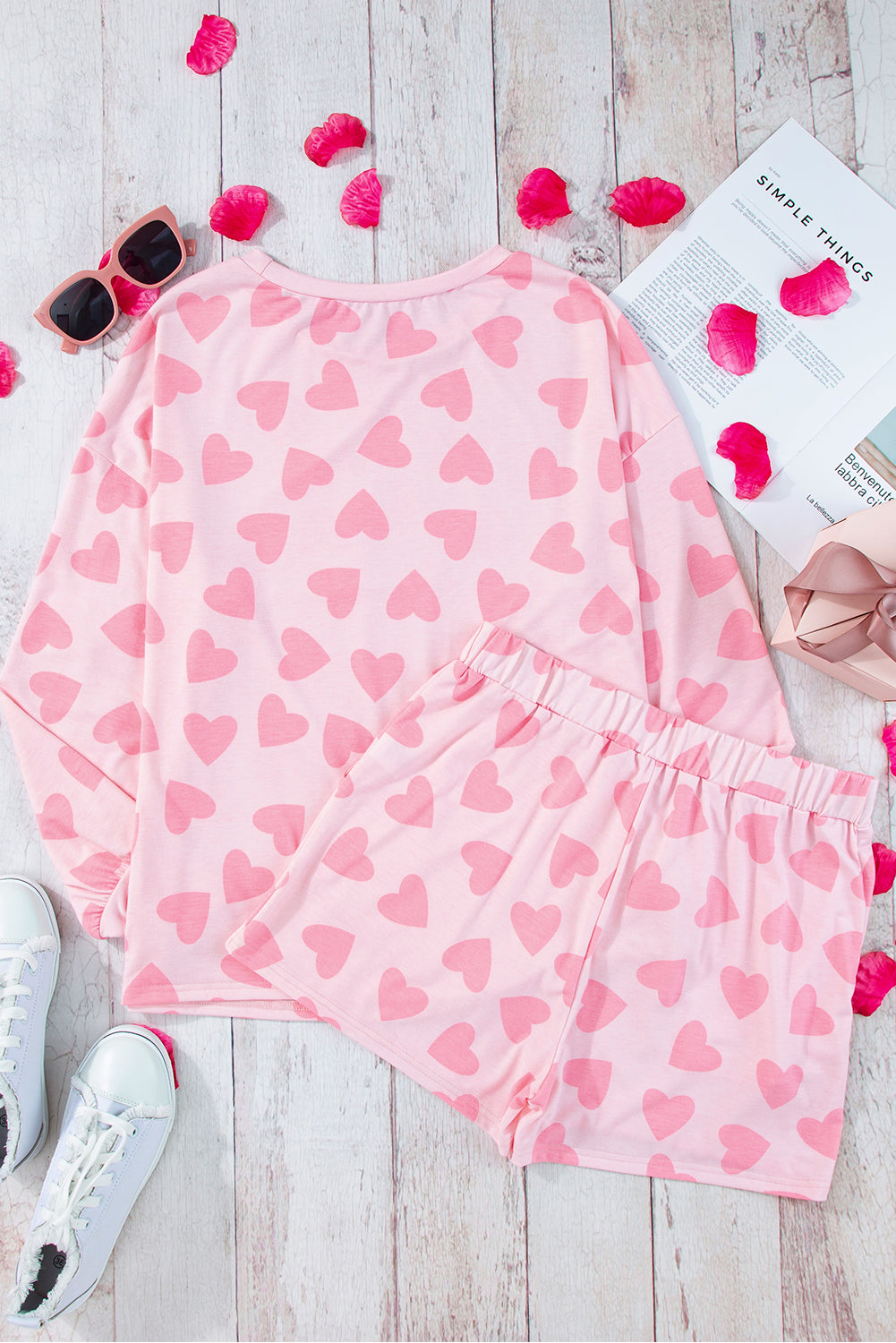 Outfit Flow - Heart Print Long Sleeve Top and Shorts Lounge Set